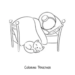 Coloring page of an animated astronaut sleeping in bed with his cat