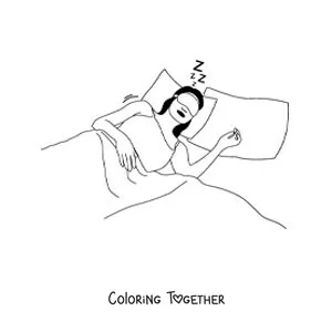 Coloring page of a woman asleep in bed with an eye mask