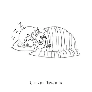 Coloring page of a boy sleeping in bed with his plush rabbit