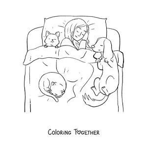 Coloring page of a girl sleeping in bed with her pets