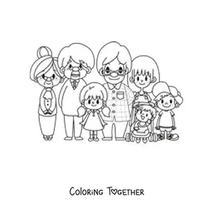 Coloring page of a kawaii family posing with a pair of grandparents