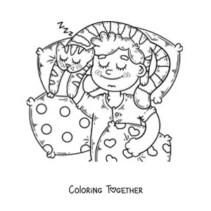 Coloring page of a boy sleeping in bed with his cat