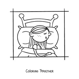 Coloring page of a cartoon of a girl sleeping in her bed