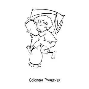 Coloring page of an animated boy sleeping while hugging a pillow
