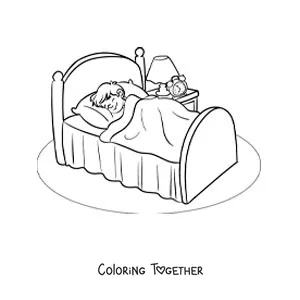 Coloring page of an animated boy sleeping in his room with an alarm clock