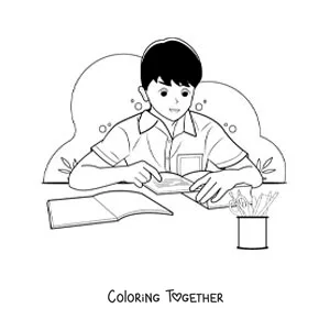 Coloring page of a boy in uniform studying from a book