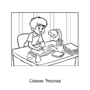Coloring page of a boy writing his homework at a desk