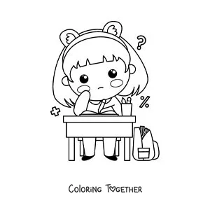 Coloring page of a kawaii girl doing her math homework at a desk