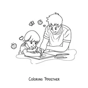 Coloring page of a father helping his daughter do her homework
