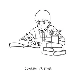 Coloring page of a boy doing his homework at the table