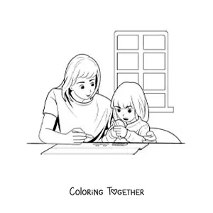 Coloring page of a mother helping her daughter do her homework