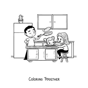 Coloring page of a mother helping her daughter with homework while dad cooks