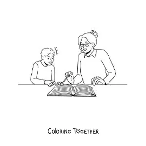 Coloring page of a mother helping her son with his homework