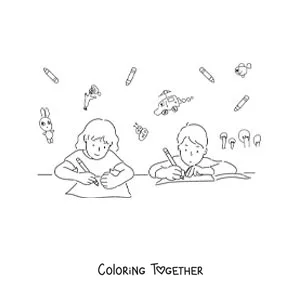 Coloring page of two kids doing their homework at the table
