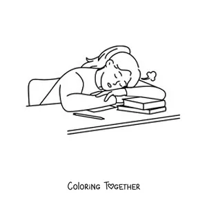 Coloring page of a girl asleep at the table after doing her homework