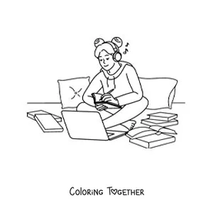 Coloring page of a girl doing her homework with the help of a laptop