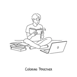 Coloring page of a boy doing his homework with the help of a laptop
