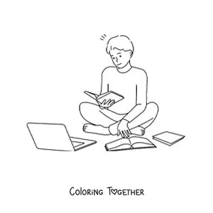 Coloring page of a boy studying for school with books and a laptop