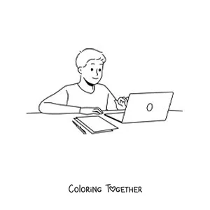Coloring page of a boy researching for his homework with a laptop
