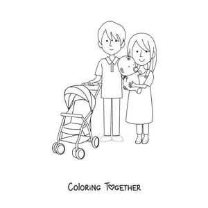 Coloring page of two parents taking a baby for a walk