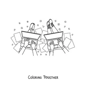 Coloring page of two teens sitting doing their homework on computers