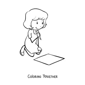 Coloring page of a girl writing on the floor