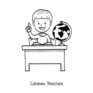 Coloring page of a boy raising his hand at a desk
