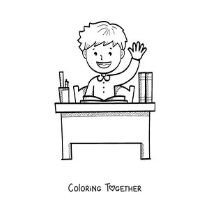 Coloring page of a boy raising his hand at a desk