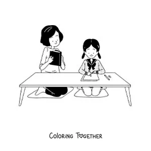 Coloring page of a mom helping her daughter with homework after school