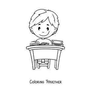 Coloring page of a boy sitting reading at a desk
