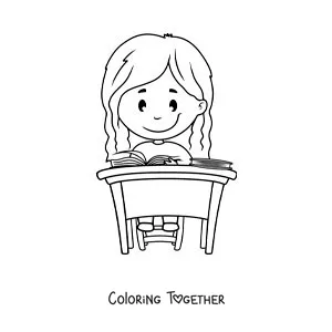 Coloring page of a girl sitting studying at a desk