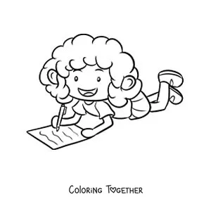 Coloring page of a girl writing her homework on the floor