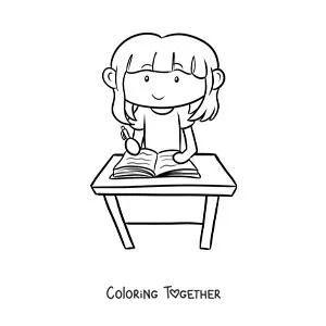 Coloring page of a girl writing her homework at a desk