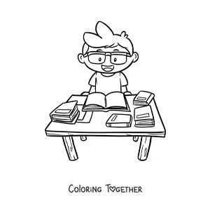 Coloring page of a boy studying at a table