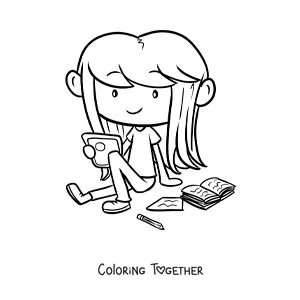 Coloring page of a girl studying on a tablet