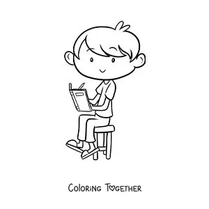 Coloring page of a boy sitting in a chair doing his homework