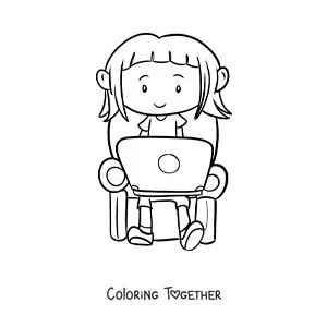 Coloring page of a girl sitting and doing her homework on a computer
