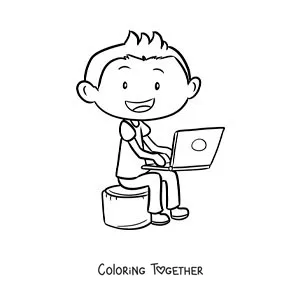 Coloring page of a boy sitting and doing his homework on a computer