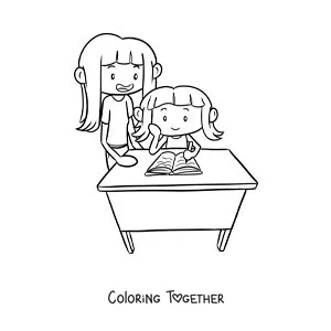 Coloring page of a girl helping her sister do her homework