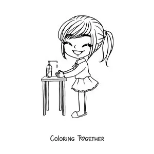 Coloring page of a kawaii girl cleaning her hands with hand sanitizer