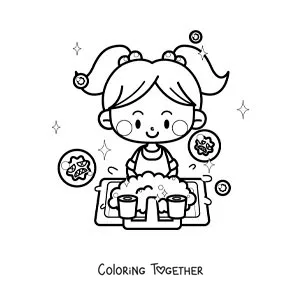 Coloring page of a kawaii girl washing her hands to protect against viruses
