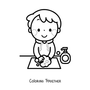 Coloring page of a kawaii boy washing his hands with soap and water