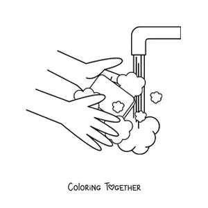 Coloring page of a pair of hands with soap and foam under running water