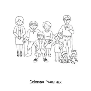 Coloring page of a large family with four children and two grandparents