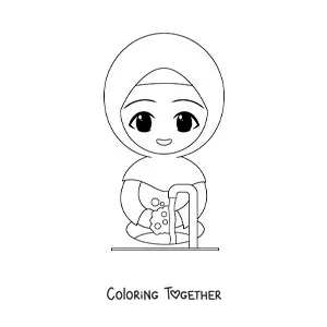 Coloring page of a girl wearing a hijab washing her hands