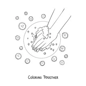 Coloring page of a pair of soapy hands protected from a cartoon virus