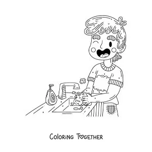 Coloring page of a boy washing his hands before eating