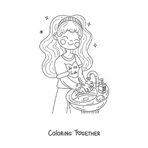 Coloring page of a girl washing her hands before eating