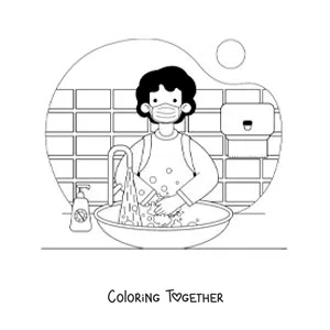Coloring page of a boy washing his hands with soap and water at school