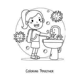 Coloring page of a girl washing her hands at school to prevent illness